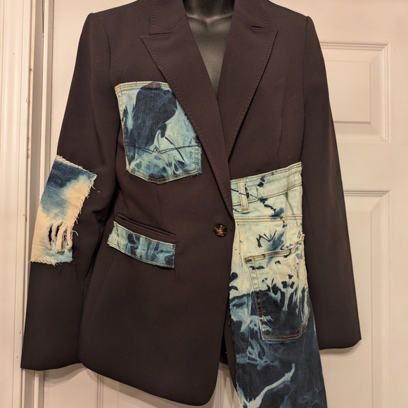 Jackets & Blazers - Custom Blazer - Black Blazer Blue Bleached Denim Distressed Blazer